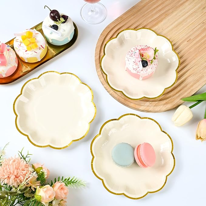 Beige Party Plates Cream Dessert Paper Plates 7inch Gold Foil Scalloped Edge Disposable Cake Plates for Tea Party Birthday Bridal Baby Shower Wedding Party Supplies (48, Beige)
