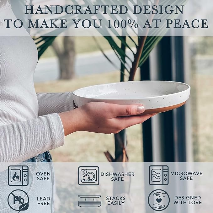 MORA Ceramic Flat Pasta Bowl Set of 4-35oz, Microwave Safe Plate with High Edge - Modern Porcelain Dinnerware for Kitchen and Eating, Large Wide Bowls/Plates for Serving Dinner, Salad, etc- Vanilla