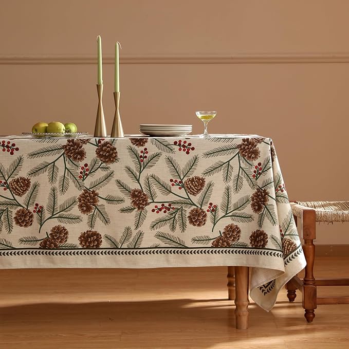 ISAENNE Designer Christmas Beige Linen Small Square Tablecloth,Pinecones Pattern Indoor Tablecloths,Washable Decor Table Cloth for Dining Thanksgiving Kitchen Christmas,55"*55"-Carol B