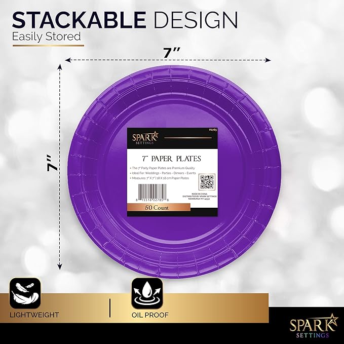 Disposable Paper Plates Purple, 7 Inch Paper Dessert Plates, Strong and Sturdy Disposable Plate for Party, Dinner, Holiday, Picnic, or Travel Party Plate, Pack of 50