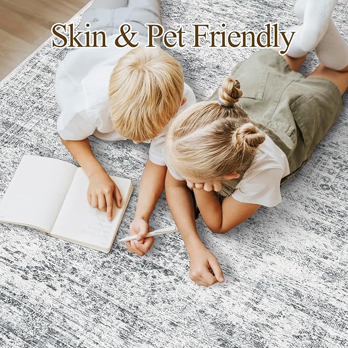 Washable Area Rug 8x10, Large Soft Rugs for Living Room Farmhouse Vintage Gray Area Rugs for Bedroom Dining Room Non-Slip Stain Resistant Under Table Rug Grey