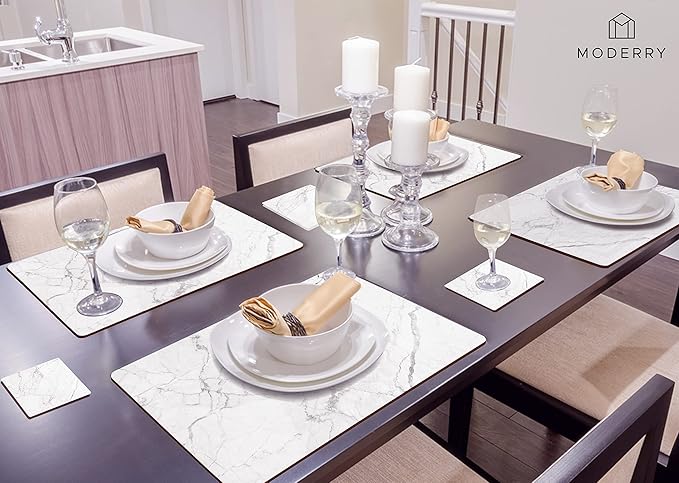 Set of 4 Heat Resistant Cork Placemats for Dining Table with Free Set of 4 Matching Drink Coasters Marble Design 16 x 12 Inches Cork Backed Hard Placemats (White Marble)
