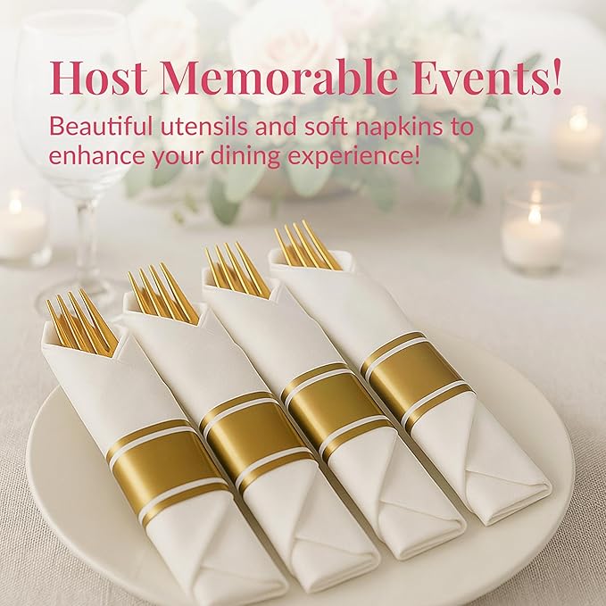 Prestee 400 Pieces Gold Silverware Set for 100 Guests - Premium Pre Rolled Disposable Plastic Silverware Set with Napkins - Wrapped Utensils with Forks, Knives, Spoons, Napkins for Weddings and Events