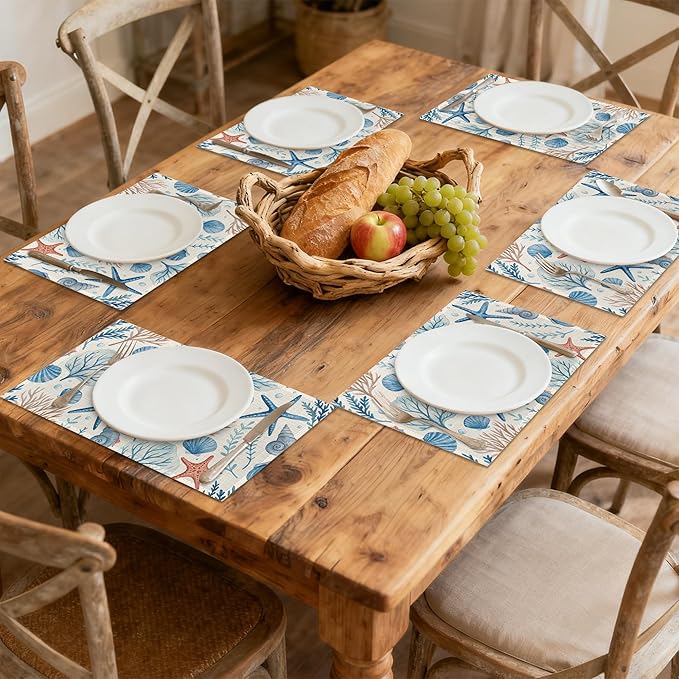 Watercolor Coral Starfish Shell Placemats Set of 6, Washable Table Mats for Kitchen Dining Table, Linen Place Mats for Party Holiday Decoration, Teal Ocean Retro