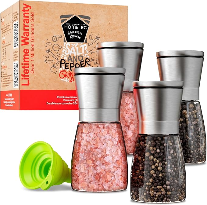 Home EC Original Stainless Steel Sea Salt and Pepper Grinder Set of 4 - Adjustable Ceramic - Glass Salt and Pepper Shakers Mills - Modern Kitchen Spice Mill W/Funnel & EBook
