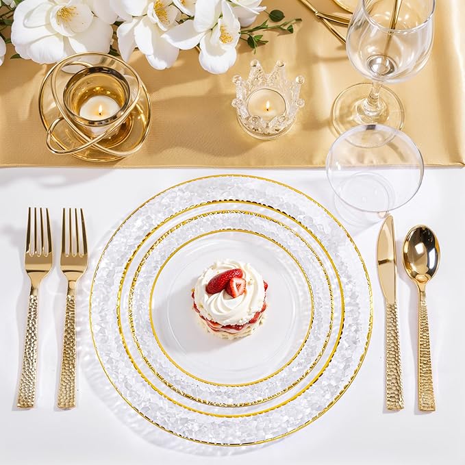 Nervure 150Pcs Clear Plastic Plates with Gold Hammered Silverware include 25Dinner Plate, 25Dessert Plate, 25Knives, 25Forks, 25Spoons and 25Cups for Wedding & Parties & Thanksgiving