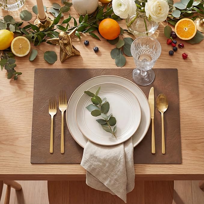 Artoid Mode Brown Faux Leather Placemats Set of 4, 12x18 Inch Waterproof Wipeable Heat Resistant Vinyl Place Mats, Reversible Table Mats for Kitchen Dining Decor