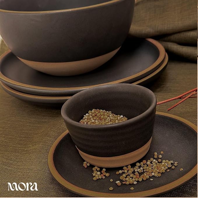 MORA Large Plates Set of 4, 10.5 inch Ceramic Pottery Dinner Plates - Microwave, Oven and Dishwasher Safe - Liquorice