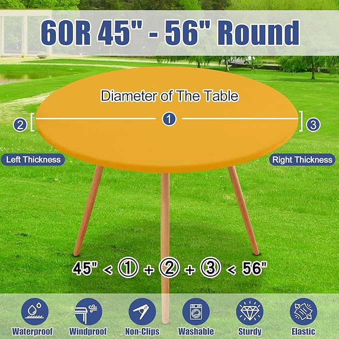 Round Spandex Tablecloth 2 Pack, Elastic Fitted Waterproof Tablecloths for 45"-56" Tables, Stretch Washable Picnic Table Cover for Camping, Dining, Indoor and Outdoor, Mustard Yellow