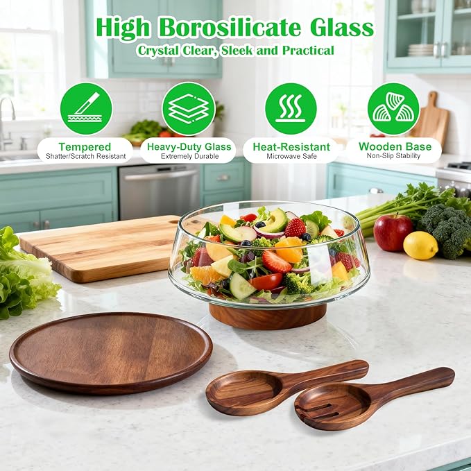 Extra Large Glass Salad Bowl with Lid Set, 5-Qt (160 fl oz) Mixing/Serving Bowl with Wood Base & Salad Servers, Trifle Bowl for Kitchen, Parties & Christmas