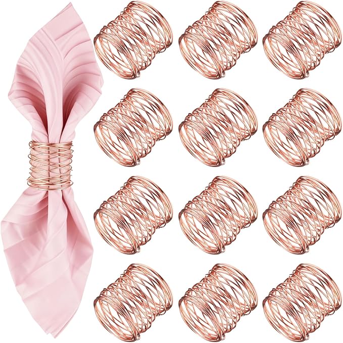 12 Pieces Napkin Rings Holders Handmade Round Mesh Heavy Duty Metal Napkin Rings Holder for Dinner Decoration Dining Table Parties Wedding Christmas (Rose Gold)