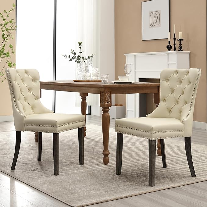 KCC Faux Leather Dining Chairs Set of 2, Upholstered High-end Tufted Dining Room Chair with Nailhead Back Ring Pull Trim Solid Wood Legs, Contemporary Nikki Collection Modern Style for Kitchen, Beige