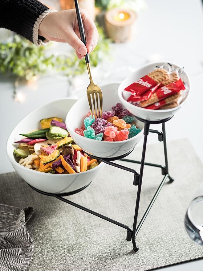 3 Tier Serving Bowls with Stand, Serving Dishes Chips and Dip Serving Set for Entertaining Party, Ceramic Serving Bowl Food Display for Fruit Salad Soup Snacks, Microwave & Dishwasher Safe