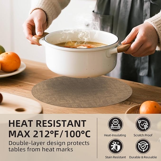 15 inch Faux Leather Round Placemats Set of 6 Non-Slip Washable Wipeable Table Mats, Heat Resistant Waterproof Oilproof Brown Place Mats for Kitchen, Dining, Party, Indoor, Outdoor