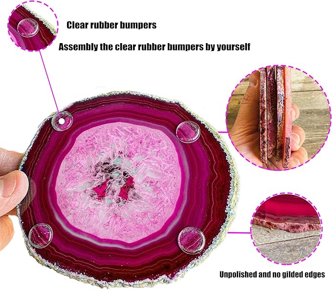 AMOYSTONE Pink Agate Slice Coasters Large 4-5 INCH, Set of 4 Natural Stone Cup Mat with Rubber Bumpers, Home Decor
