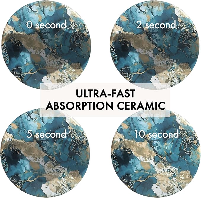 Ceramic Absorbent Coasters Set of 6 with Holder, Marble Drink Coasters for Coffee Table, Water Absorbing Coaster (Teal)