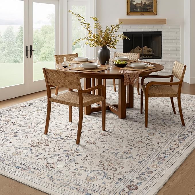 MontVoo-Vintage Area Rug 5X7 Beige Rugs for Living Room-Soft Distressed Printed Rugs for Bedroom-Non Slip Carpet-Machine Washable Rug for Dining Room Living Room Bedside Office