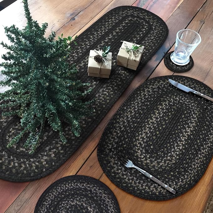 Homespice Jet Black Jute Woven Round Placemats Set of 6, 15", Warm Primitive Decor Table Mats - Vibrant Colors, Durable, Easy to Clean and Protects Furniture