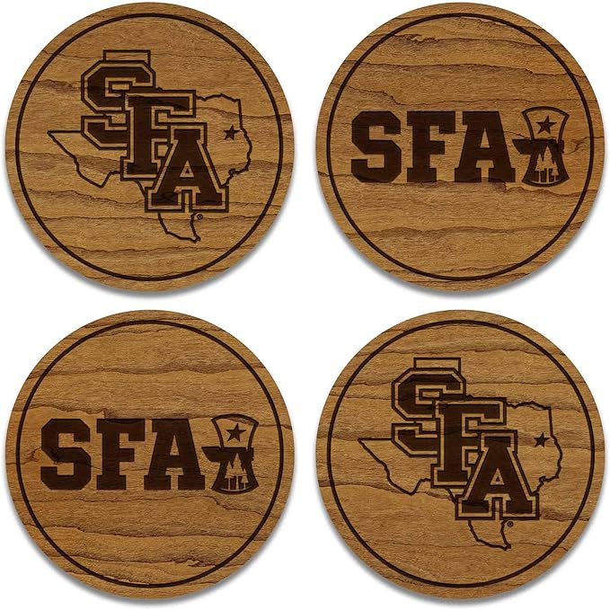 LazerEdge Stephen F. Austin Lumberjacks Wooden Coaster Set - Cherry Wood - Officially Licensed Product - 4-Pack