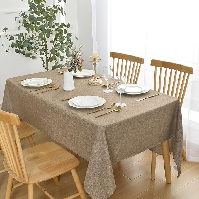 JIUZHEN Faux Linen Farmhouse Tablecloth Rectangular, Wrinkle Stain Resistant Table Cloth Rectangle Table Cover for Kitchen Dining, Holiday Party Dinner, Khaki, 54 x 108 Inch