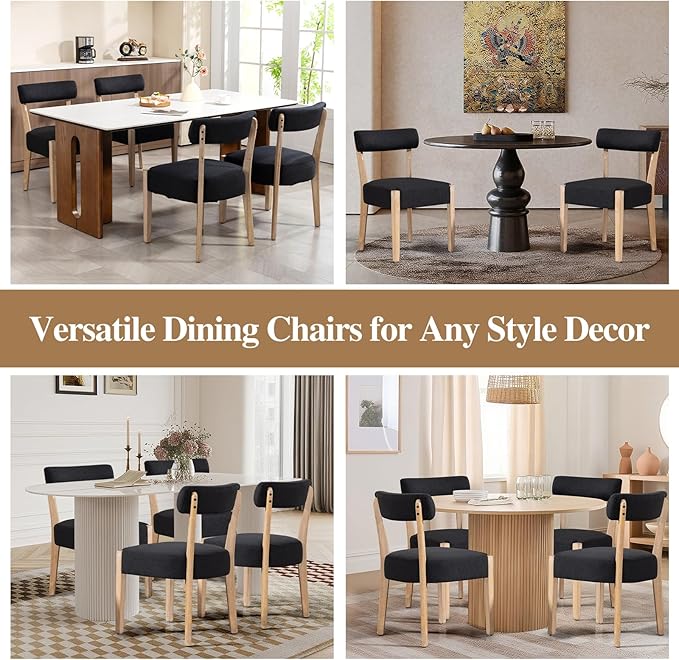 Dining Chairs Set of 4, Mid-Century Modern Wooden Kitchen Chairs with Linen Upholstery - Low-Back Woven Design for Kitchen & Dining Room,Black Fabric
