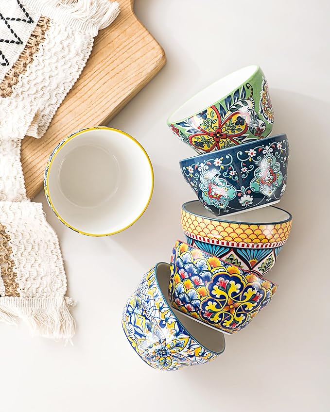 HENXFEN LEAD Bouillon Cups 8 Oz, Small Bowls for Dessert, Yogurt, Dips, Ice Cream, Dipping Sauce Bowls Set of 6, Microwave & Dishwasher Safe – Bohemian Style