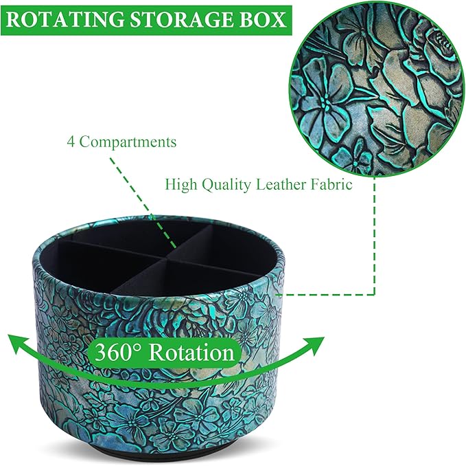 Round Leather Art Supply Organizer,Remote Control Holder,360 Degree Spinning,Multi-Functional Pencil Holder,4 Compartments Desktop Stationary Organizer(1-Rich Flower Green)