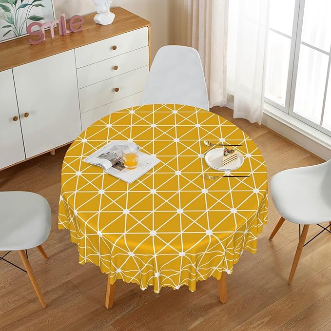 Laeacco 48 Inch Geometric Round Tablecloth Orange Triangle Modern Geometric Abstract Art Print Table Cloth Washable Waterproof Wrinkle Free Table Cover for Kitchen Dining Picnic Party Decoration