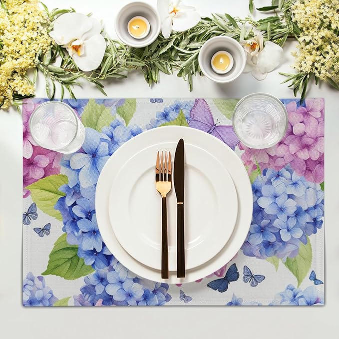 Hydrangea Placemats Set of 4 - Floral Place Mats 12 x 18 Inch Pink Purple Hydrangea Flower Table Mats Spring Summer Butterflies Placemats for Dining Kitchen Party Farmhouse