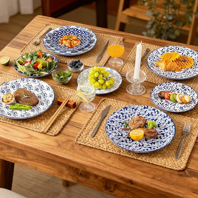 Sweejar 24 Pieces Ceramic Dinnerware Sets, Handmade Plates and Bowls Sets, Highly Scratch Resistant Dishes Set for Kitchen,Porcelain Dishwasher & Microwave Safe Dishes Set,Service for 8 (Vintage Blue)