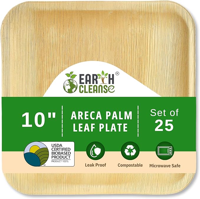 Palm Plates 10 Inch – Compostable Square Dinnerware (25 Count) | Like Bamboo Disposable Plates | Biodegradable, Eco-Friendly, Oven & Microwave Safe | USDA 100% Biobased
