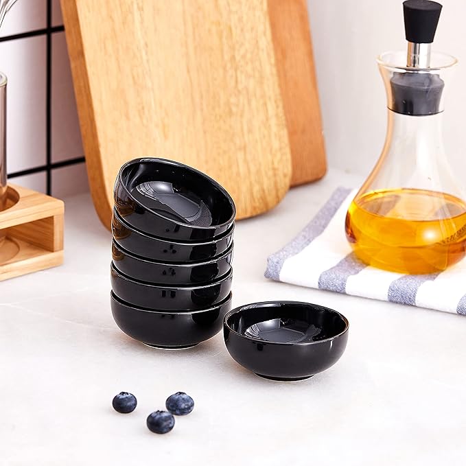 Ceramic Pinch Bowls,2.7 oz Mini Prep Dip Bowl Set,Small Dipping Salsa Charcuterie Soy Sauce Side Dish for Sushi,Set of 6(Black)