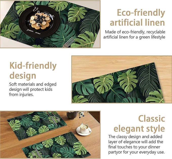 Tropical Leaves Placemats Set of 6, Linen Washable for Christmas, Thanksgiving, Party, and Daily Dining, Decorative Table Mats for 4-6 Person Table