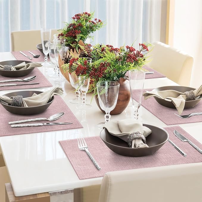 Faux Leather Placemats Set of 6 Washable PU Table mats for Kitchen Table - Heat Resistant, Waterproof, Easy Clean, Anti Slip 11.8" x 17" (Pink-6 Pack)