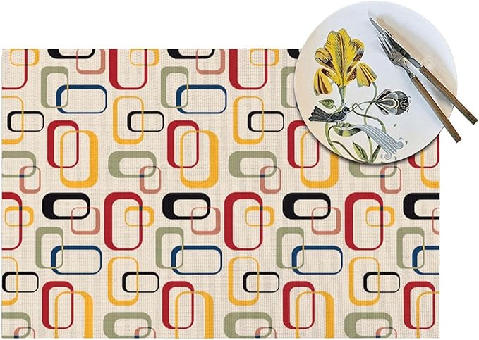 Mid Century Modern Dining Placemats Set of 4, Vintage Decorative Table Mats for Kitchen Home Party Decor Washable Retro Linen Place Mats 12"x18"