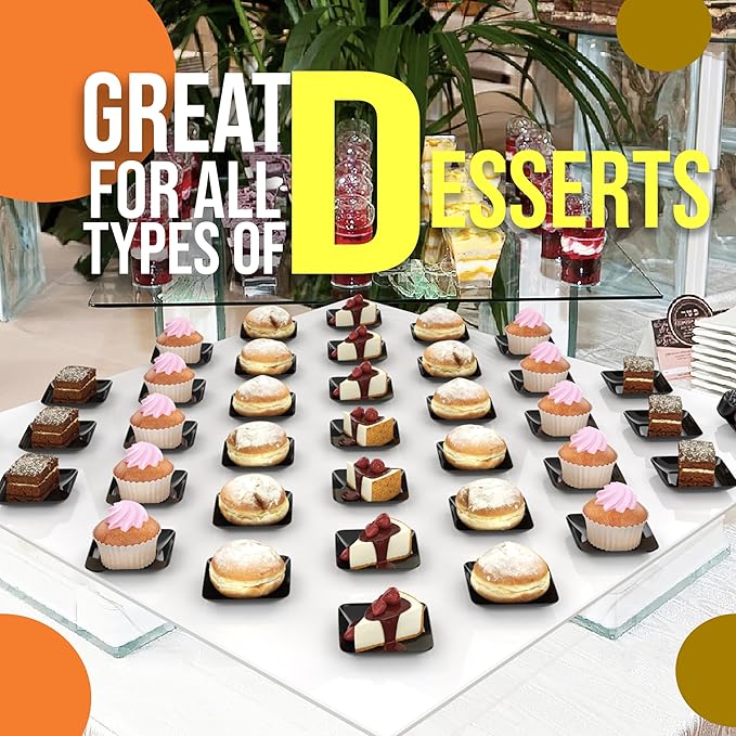 Exquisite Tiny Mini Appetizer Plates - 480 Pack 2.4 In. x 2.4 In. Black Disposable Dessert Plates - BPA Free Small Plastic Plates for Weddings
