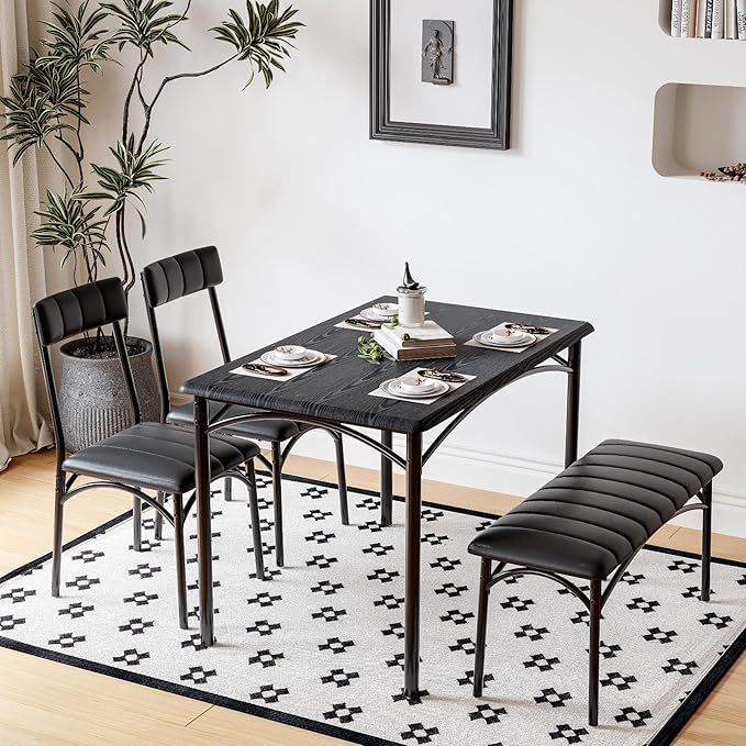 Dining Table Set for 4, Rectangular Kitchen Table and Chairs Set of 4 for Small Spaces, Modern Dining Room Table Set with Upholstered Bench and 2 Chairs, Space Saving Dining Furniture for Apartments