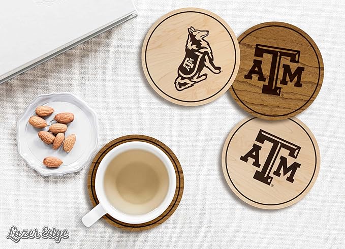 LazerEdge Texas A&M Aggies Wooden Coaster Set - Maple Wood - Officially Licensed Product - 4-Pack