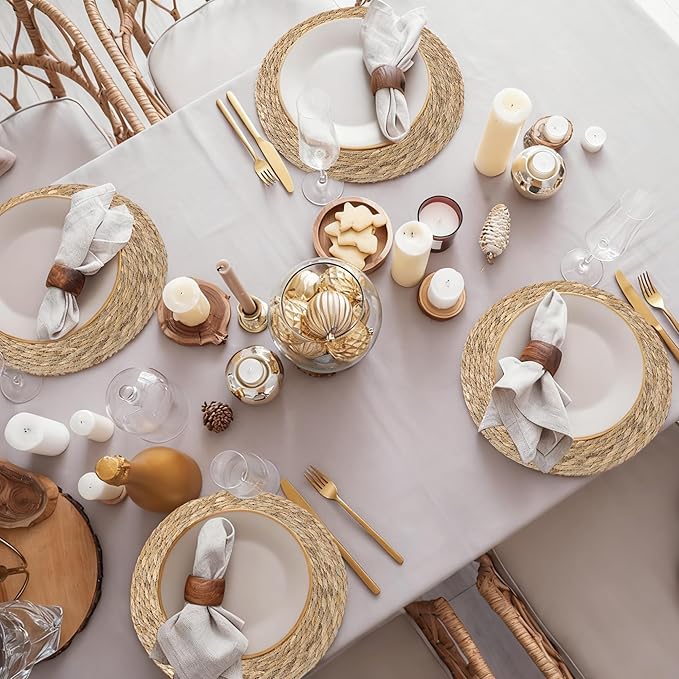 Elcoho 4 Pieces Round Woven Placemats 13.8 Inch Boho Rattan Placemats Farmhouse Braided Place Mats Woven Plate Chargers Rustic Wicker Table Mats for Dining Table
