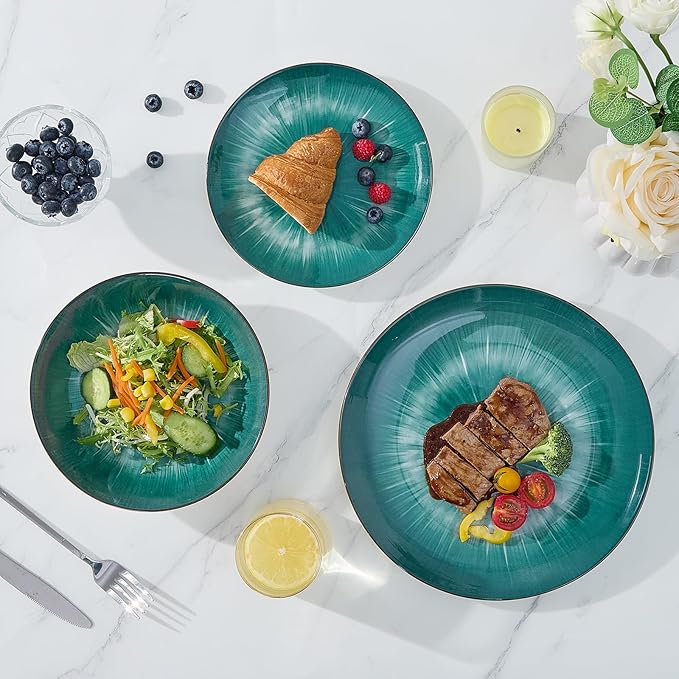 Bestone Porcelain Dinnerware Sets Service for 4, 12 pcs Hand drawn Plates and Bowls Sets, Handmade Ceramic Dish Set, Chip Resistant Modern Plate Set, Dishwasher/Microwave Safe，Starburst Green