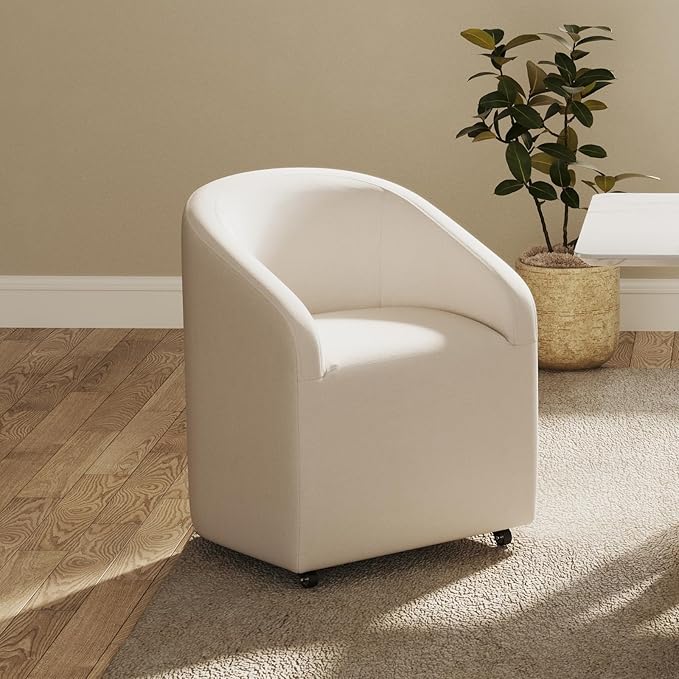 Modern Barrel Dining Chairs with Rolling Casters Set of 2, Upholstered Linen Swivel Dining Room Chairs with Wheels for Kitchen Living Room Home Office, Beige