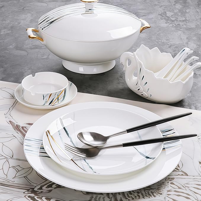50 Pcs Fine Bone China Dinnerware Set, Porcelain & Ceramic Dinnerware Sets, Bone Stoneware & Ceramic Cookware Tableware Set Includes Dinner Plates|Spoons|Pasta Bowls|Soup Pot|Chopsticks