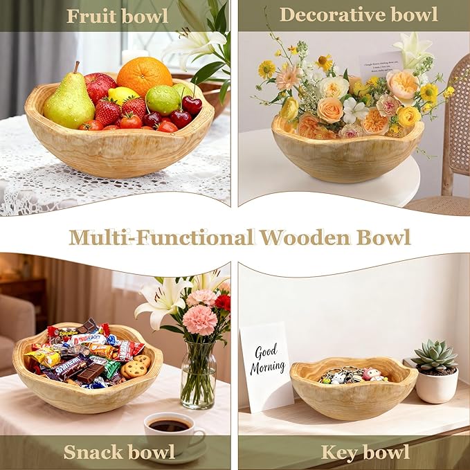 Handmade Wooden Decorative Fruit Bowl 8-10in - Irregular Wood Bowl for Kitchen Counter,Wooden Serving Bowl for Salads Snacks Keys and Home Decor (8-10in/20-24cm)