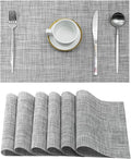 Leetaltree Linen Grey Placemats Set of 6 - Heat Resistant Non-Slip Place mats for Dining Table, Washable Durable PVC Vinyl Woven Table Mats（Linen Grey, 6）