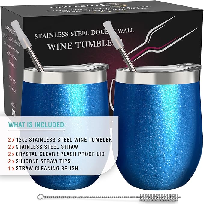 CHILLOUT LIFE 12 oz Stainless Steel Wine Tumblers 2 Pack - Double Wall Vacuum Insulated Wine Glasses Cups with Lids and Straws Set Keeping Cold & Hot for Coffee, Beer, Ice Cream - Blue Sparkle
