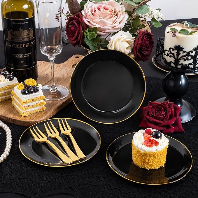 Festiva 400Pcs Black Gold Dessert Plates 6.3" with Forks 5"- 200PCS Small Disposable Dessert/Cake/Appetizer Plates and 200PCS Forks - Serve 200 Guests for Birthday Party& Wedding