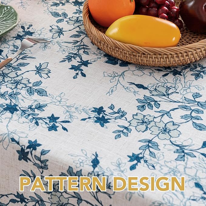 H.VERSAILTEX Linen Table Cloths Floral Printed Tablecloth Spill-Proof Waterproof Table Cover for Dining Buffet Feature Soft and Thick Fabric Wrinkle Free, 60 x 104 Inch, Retro Floral - Stone Blue