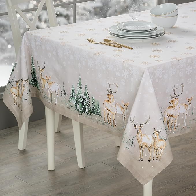 Maison d' Hermine Table Cloth Square Table 100% Cotton 54 x 54 Inches Fall Tablecloth Reusable Everyday Use for Thanksgiving Christmas Decorations Dining Farmhouse Party (Deer in The Woods)