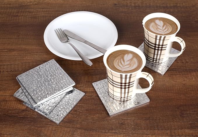 Premium Engraved Table Coaster, Drink Coasters Set of 12-4 Inch Coaster Set for Tabletop, Coffee Table Protection, Home Decor Accent, Non Slip Drink Mats (Silver) - ALPHA Living HOME