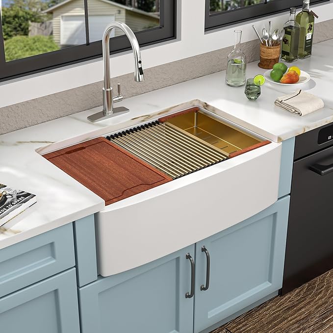 33"x21" White Farmhouse Sink Workstation - Curved Apron Front with Slide Ledge White Ceramic Porcelain Fireclay Single Bowl Luxury Farm Kitchen Sink Basin